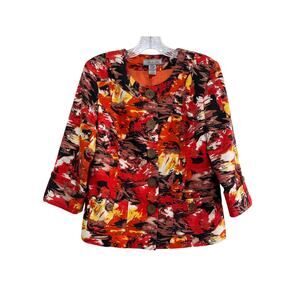 Birch Hill Women's Floral Silk Blend Blazer Size Large Pockets Red Long Sleeve